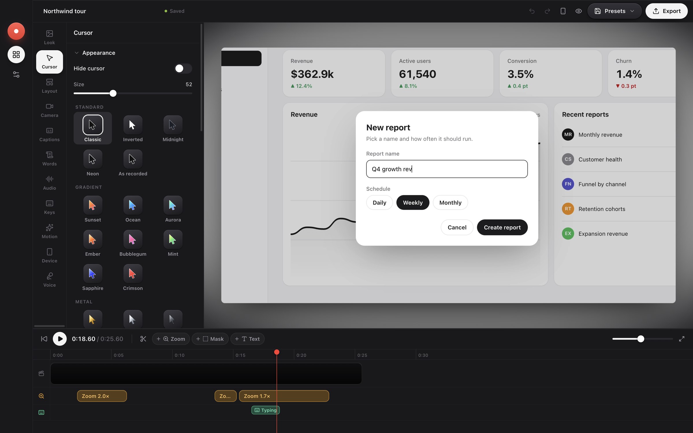Take One editor showing 27 cursor styles, a live Northwind demo preview, and editable zoom segments on the timeline